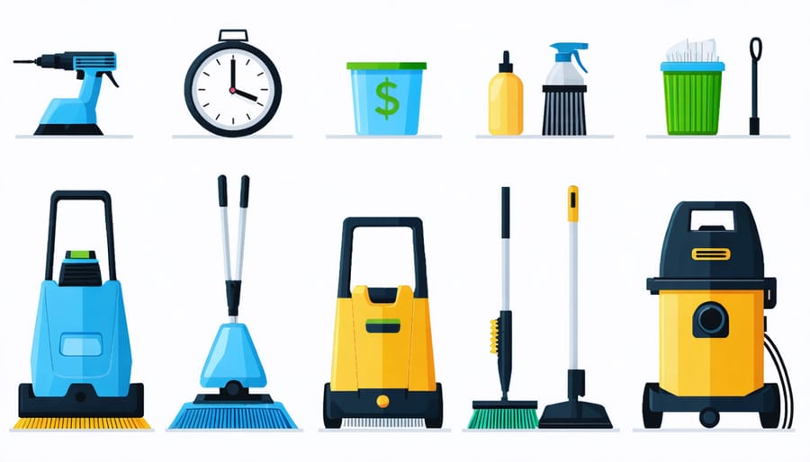 A collection of professional cleaning equipment rentals, including a floor scrubber, pressure washer, and carpet cleaner, illustrating efficiency and cost-effectiveness.