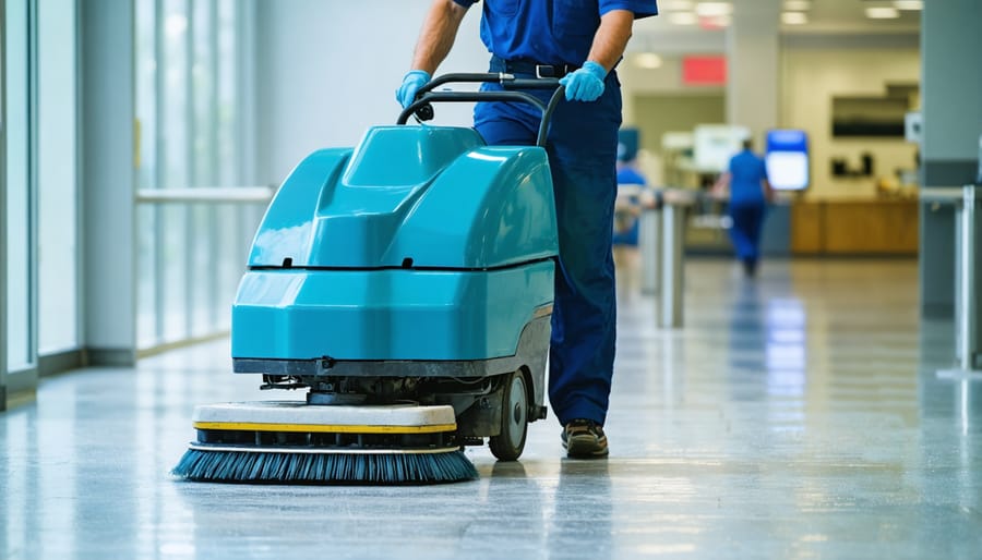 Worker using a large floor scrubbing machine in a warehouse setting