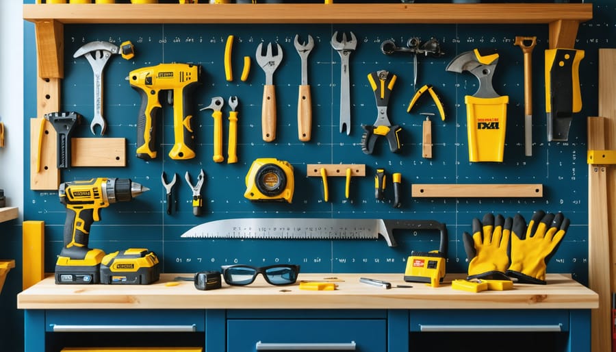 Essential woodworking tools laid out on a workbench for 4x4 projects