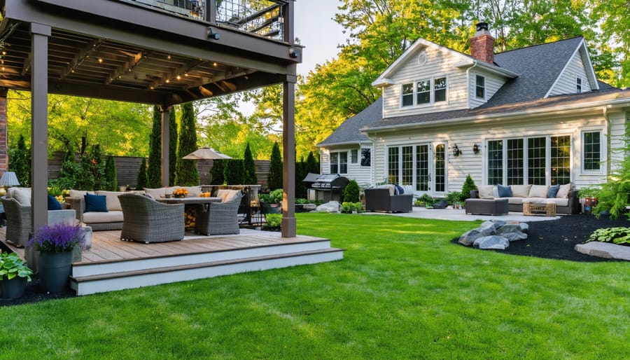 "Beautifully landscaped backyard with an entertainment deck, lounging area, and garden retreat under soft natural daylight."