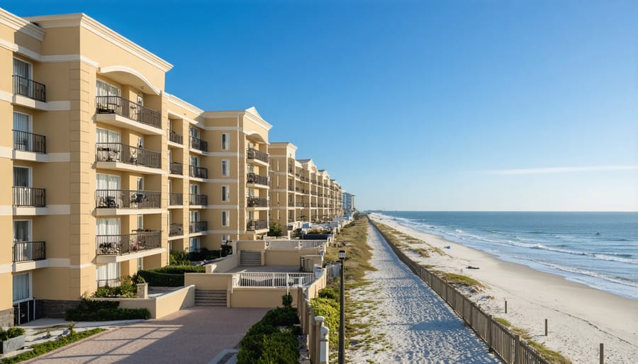 Modern senior living apartment building with ocean views and tropical landscaping