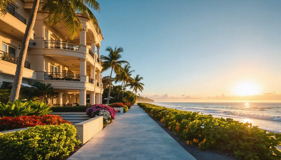 "Luxurious senior living complex with ocean views and tropical landscaping on the beach during golden hour."
