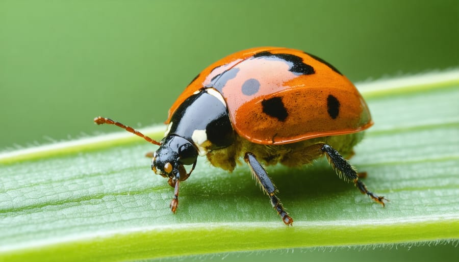 Close-up of ladybug on dewy grass blade in morning light