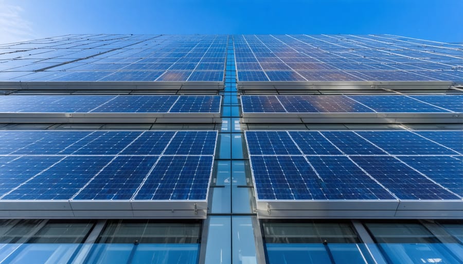 Modern glass building with solar panels integrated into its exterior walls