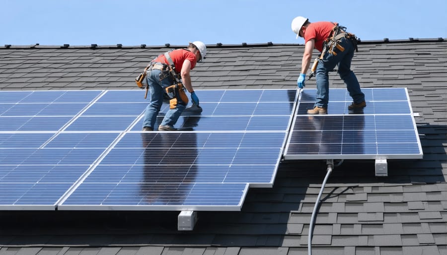 Installation team working on mounting solar panels to house exterior
