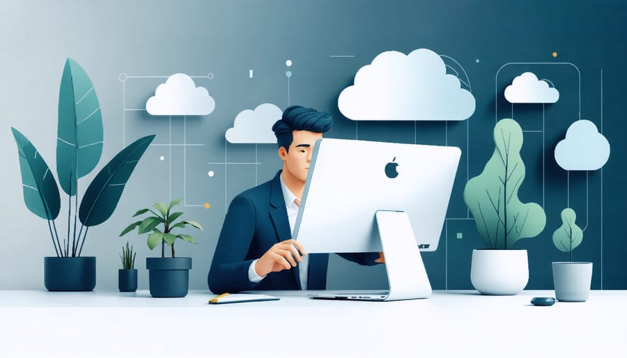 Person working on laptop in modern office environment with cloud computing visualization