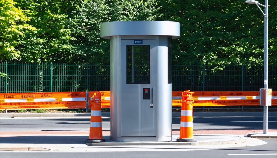 Construction site entrance with security booth and access gate