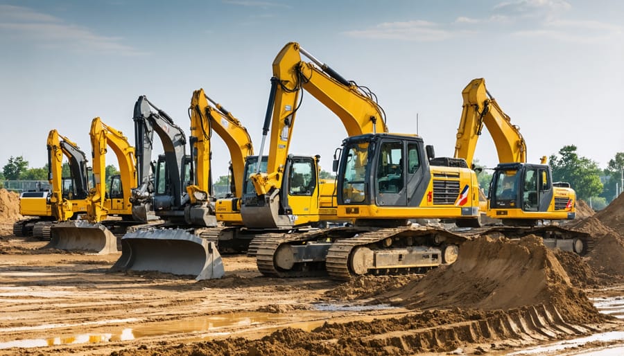Wide view of multiple types of construction equipment arranged on job site