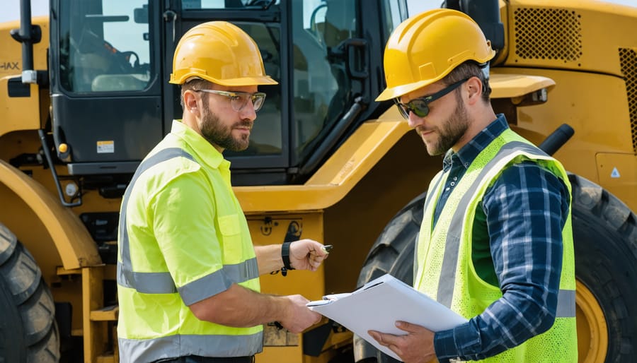 Construction manager and operator reviewing information on tablet near heavy equipment