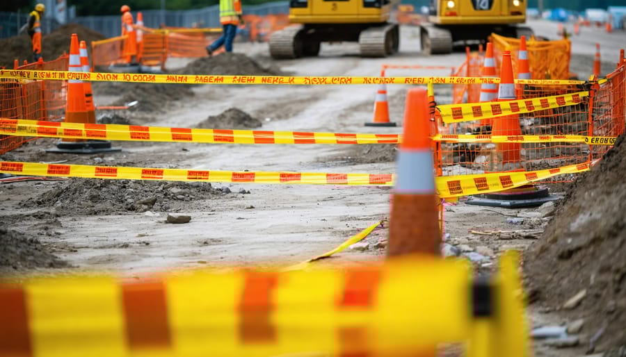 "Overhead view of a construction site safety zone with visible barriers and safety cones, featuring blurred background of machinery and workers."