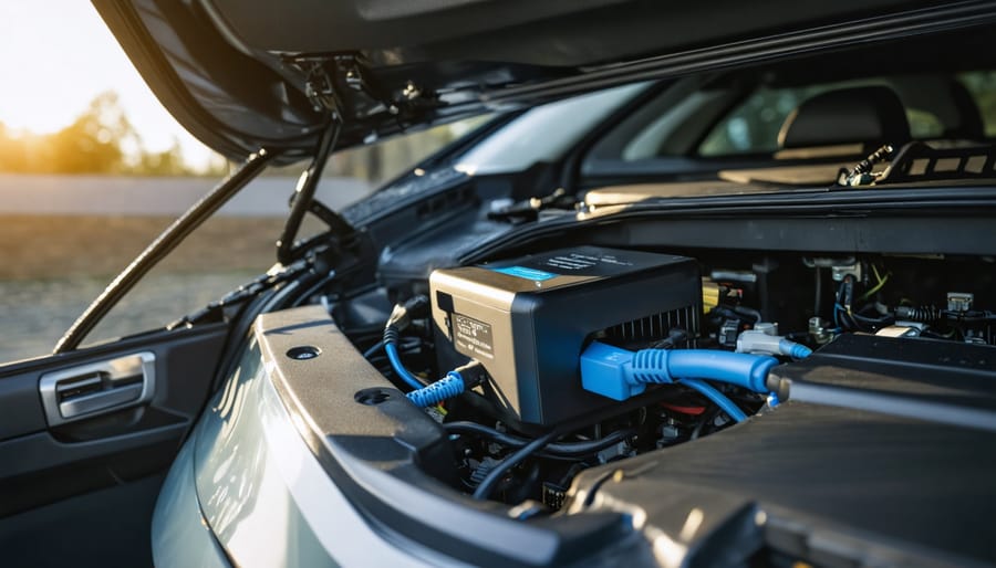 "Close-up of a DC-to-DC charger installation in a vehicle, with connected wires and sunlight illuminating the equipment."