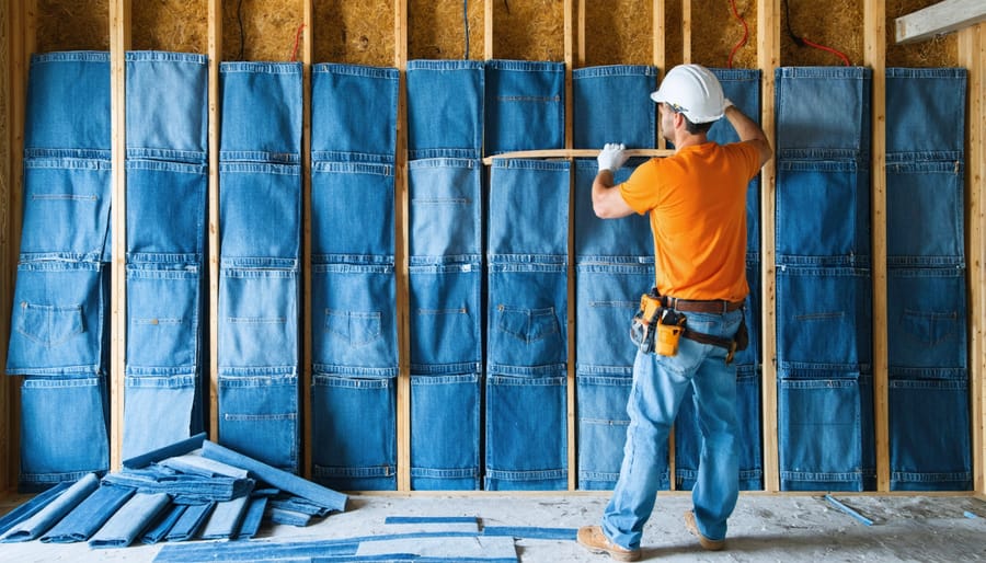 Blue recycled denim insulation material being installed between wooden wall studs