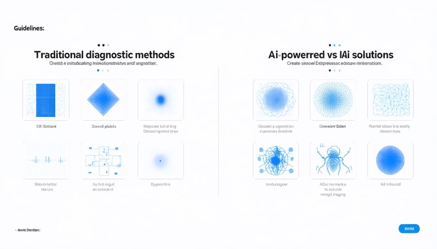 Side-by-side comparison of traditional versus AI diagnostic methods with cost and time metrics