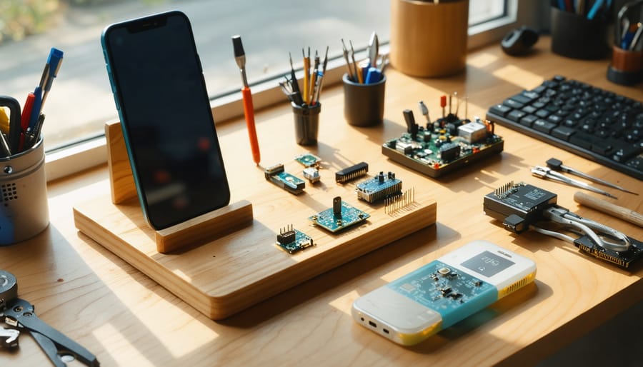 "Close-up of DIY tech accessories like a custom phone dock and charging station on a wooden workbench, softly illuminated by natural light."