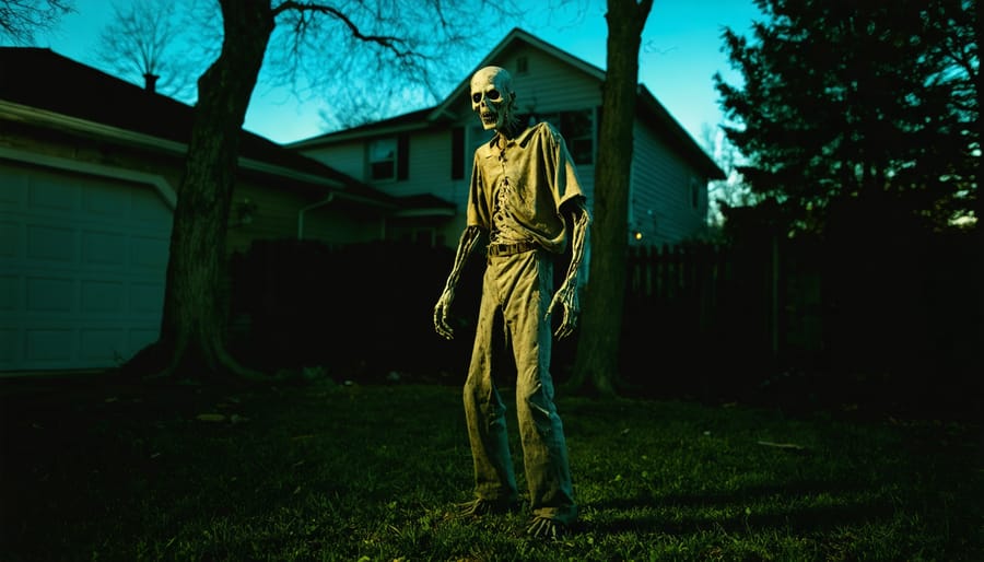 "DIY zombie prop in yard with latex head, thrift store clothes, and pool noodle body under dramatic side lighting."
