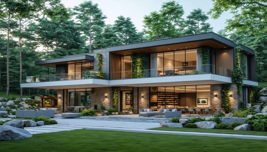 Exterior view of sustainable modern home with green roof and natural materials