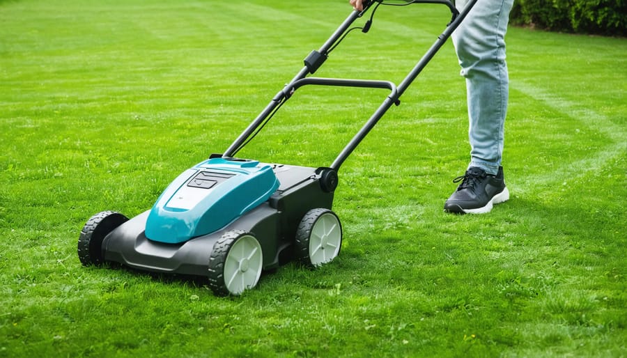 Person using electric lawn mower on green residential lawn