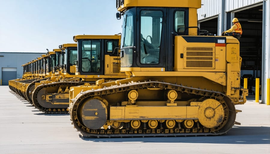 Aerial view of heavy equipment training facility with multiple machines and operators in training