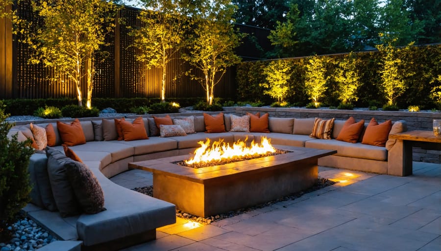 Stone fire pit and seating area lit by fire and overhead string lights at dusk