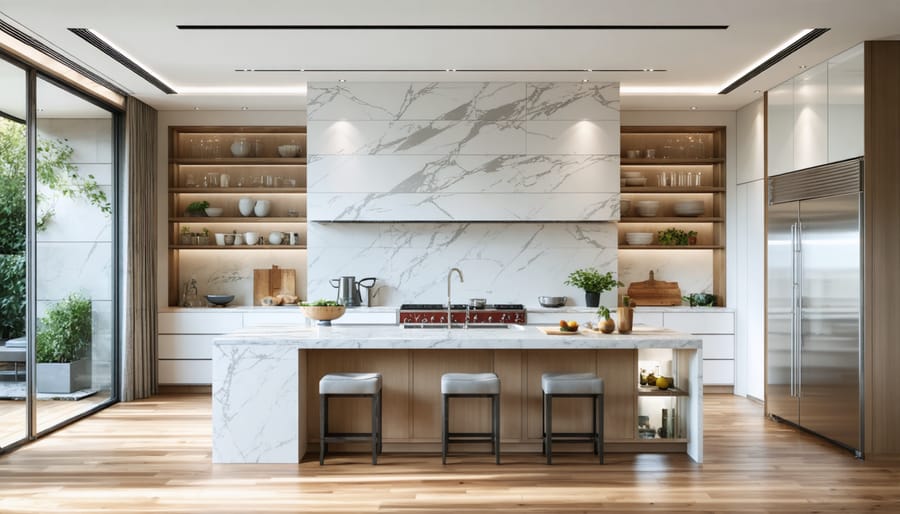 Family working together in spacious U-shaped kitchen layout during meal preparation