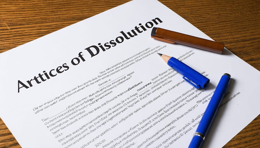 Business owner stamping official dissolution documents at desk