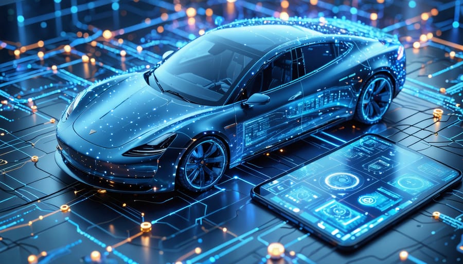 Conceptual representation of AI-powered car diagnostics with a digital network connecting a car to a device showing real-time analytics.