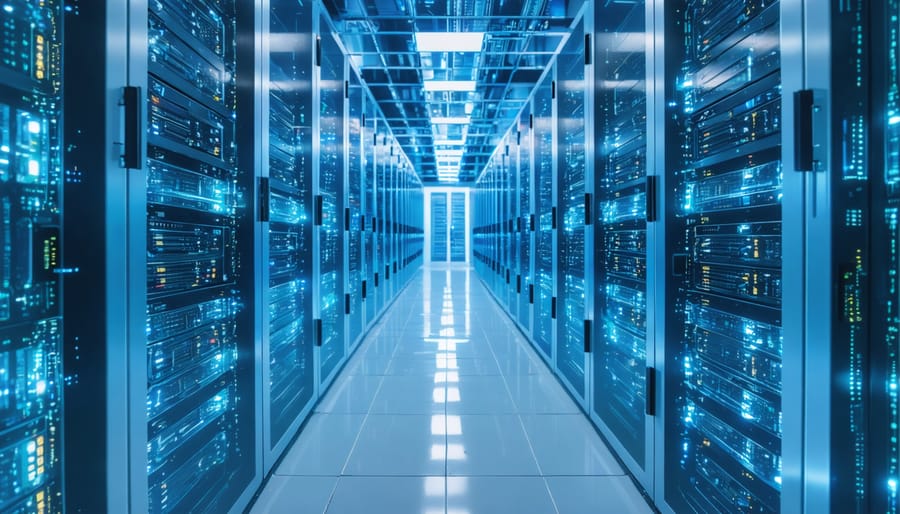 "Futuristic digital server room with glowing servers and a modern, scalable infrastructure theme."