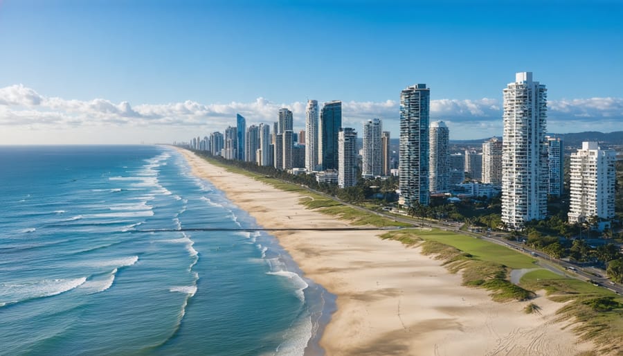 Panoramic view of Gold Coast, Queensland, showing modern buildings and pristine beaches