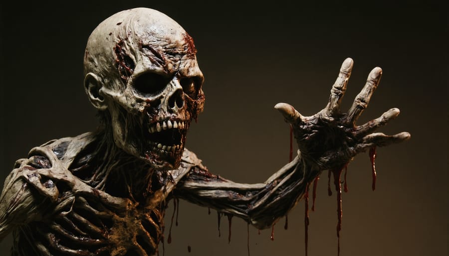 Realistic zombie decoration emerging from the ground in a spooky nighttime cemetery setting