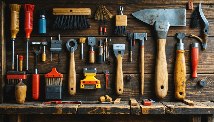 Vintage hand tools being cleaned with wire brush and oil on wooden workbench