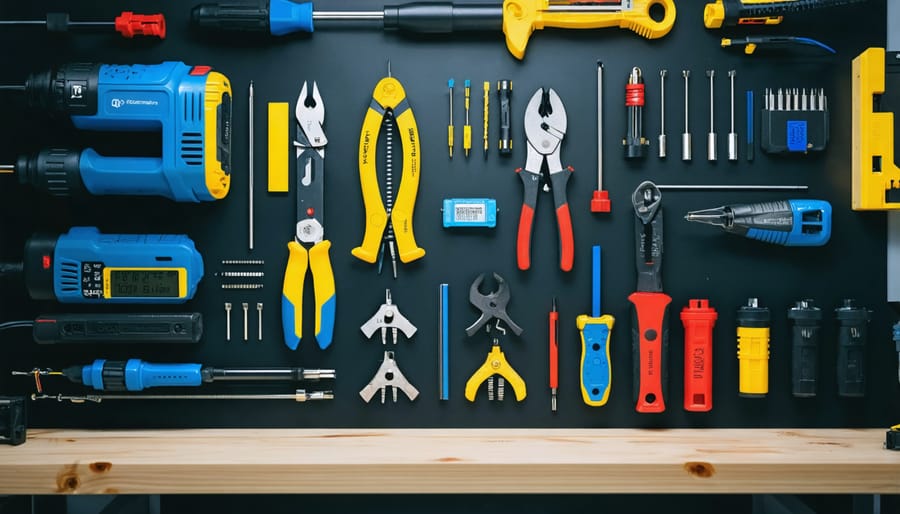 Professional automotive installation tools arranged on workbench