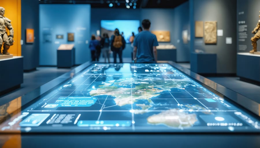 "Visitors engaged with touchscreen and motion sensor technology in a modern museum exhibit, blending digital and traditional display elements."