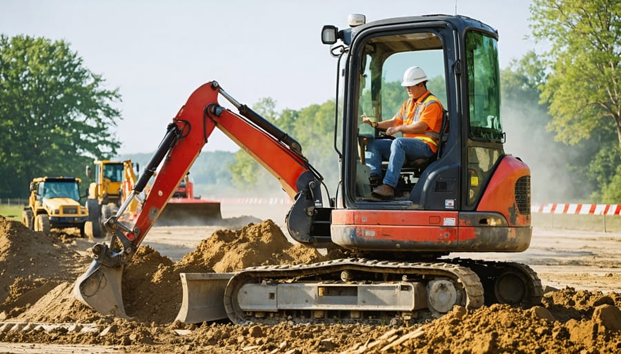 Heavy equipment operator in protective gear operating large excavator on construction site