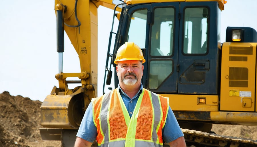 "Heavy equipment operator in a hard hat and vest standing in front of an excavator on a Kentucky construction site."