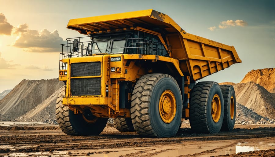Large mining haul truck photographed from below in limestone quarry