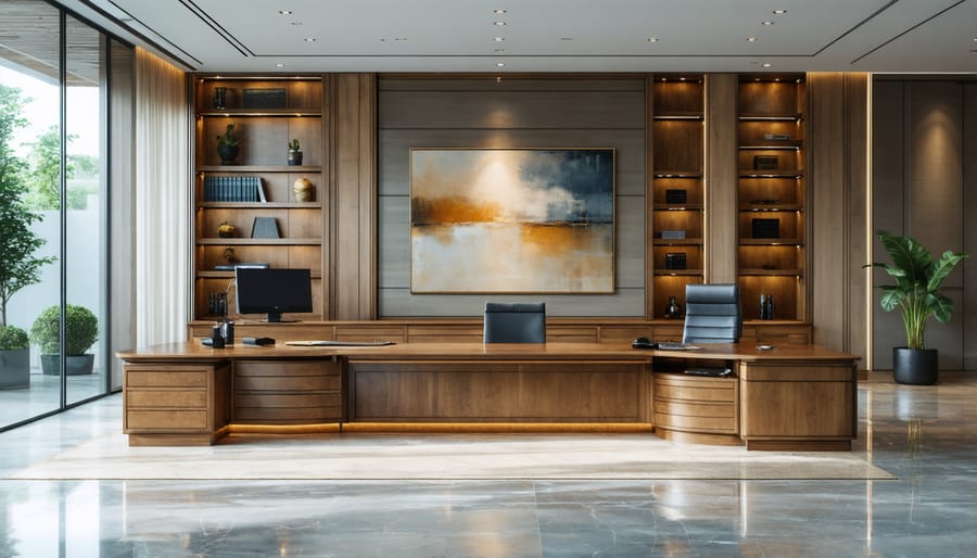 Close-up detail of L-shaped desk corner showing wood grain and hardware