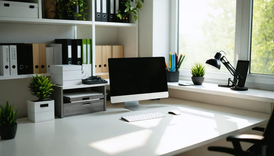 "Modern L-shaped desk setup in a sunlit home office corner with ergonomic features and organized storage."