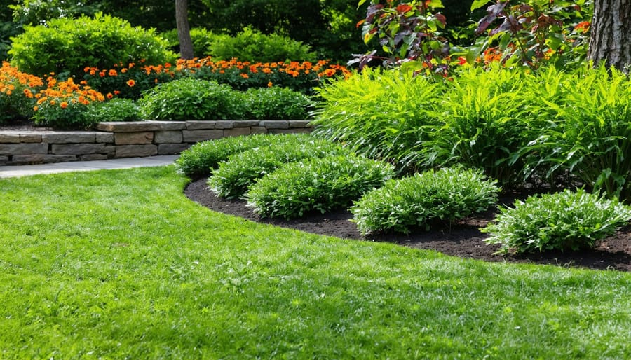 Layered garden bed with mixed perennials, ornamental grasses, and shrubs