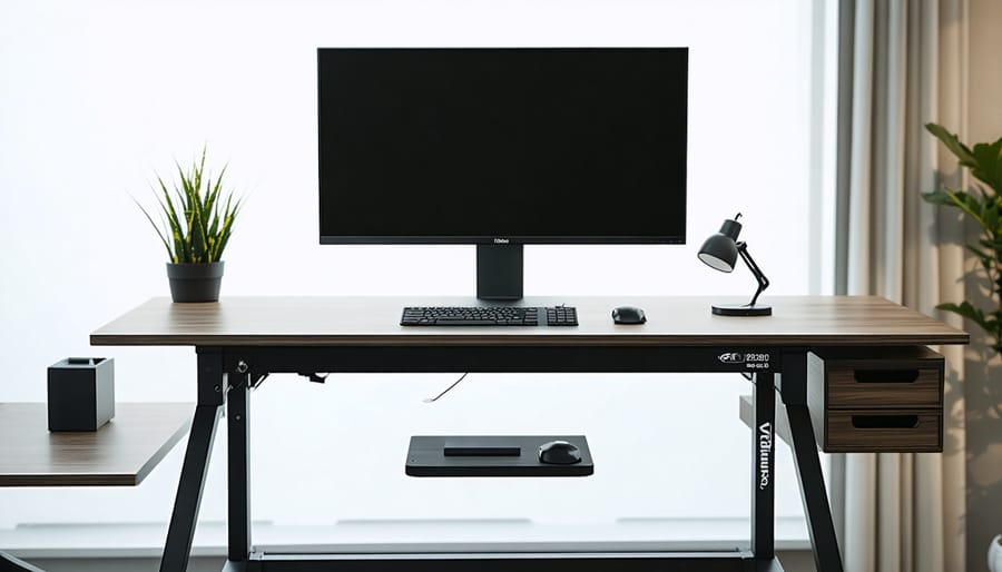 Wooden monitor stand with blue LED backlighting in dark room setting