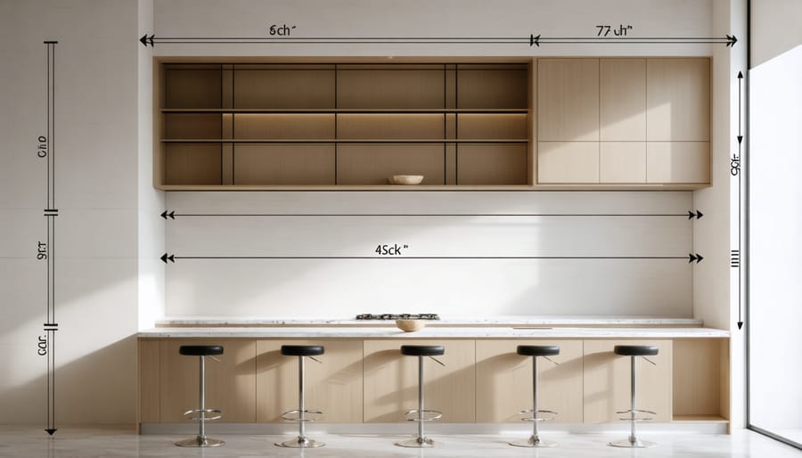 Carpenter using digital level during kitchen cabinet installation process