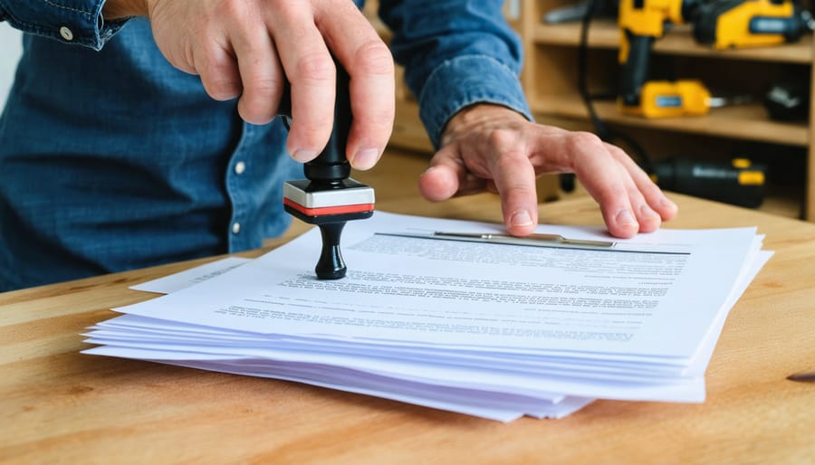 Hands pressing a notary stamp onto official documents on a wooden desk, with calculator, keys, and envelopes nearby, and a blurred workshop with power tools in the background.