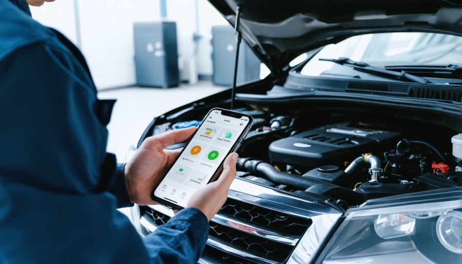 Professional mechanic using mobile diagnostic app interface on smartphone
