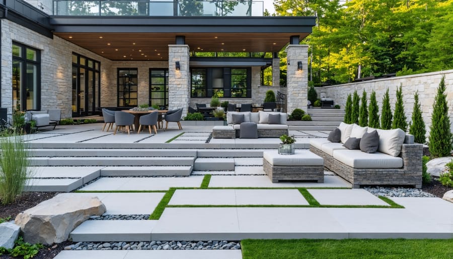 Modern backyard patio with stone pavers and built-in seating wall