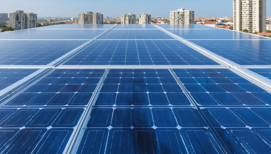 "A sleek modern building with integrated photovoltaic panels replacing traditional materials, set against a backdrop of softly blurred urban surroundings."