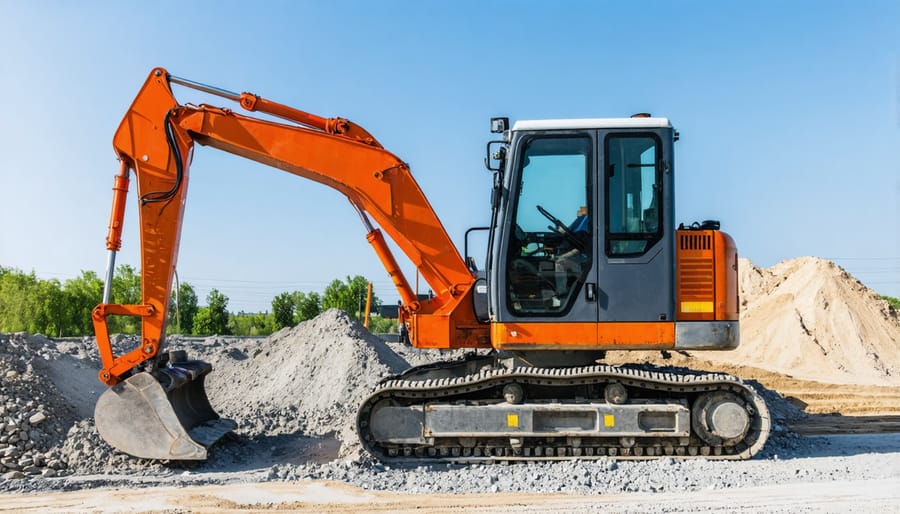 Low-angle view of yellow excavator against blue sky on construction site