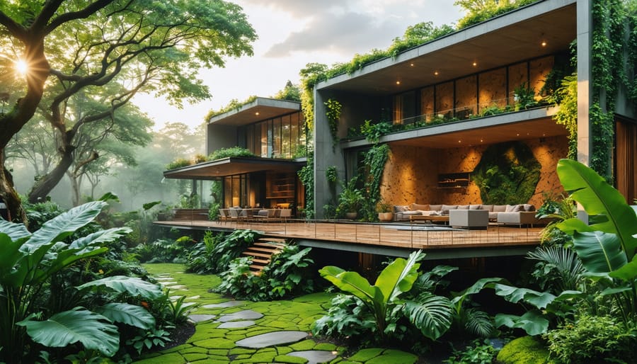 "Modern eco-friendly home with natural insulation materials on display amidst lush greenery."