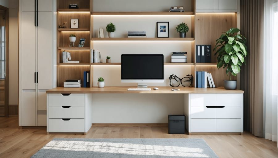 Modern L-shaped desk setup in bright corner home office with window light