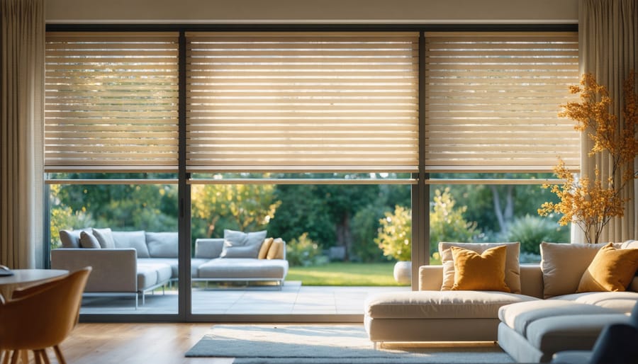 "Energy-efficient smart window blinds in a contemporary living room with natural daylight illumination."