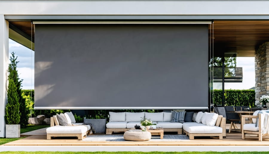 Motorized zip-track outdoor shades partially lowered on a modern pergola with rain beading on the fabric while seating beneath stays dry, with a sunlit garden visible beyond.