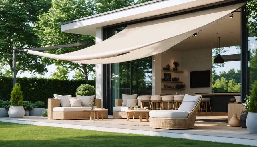 Modern patio with motorized retractable awning extended over outdoor furniture
